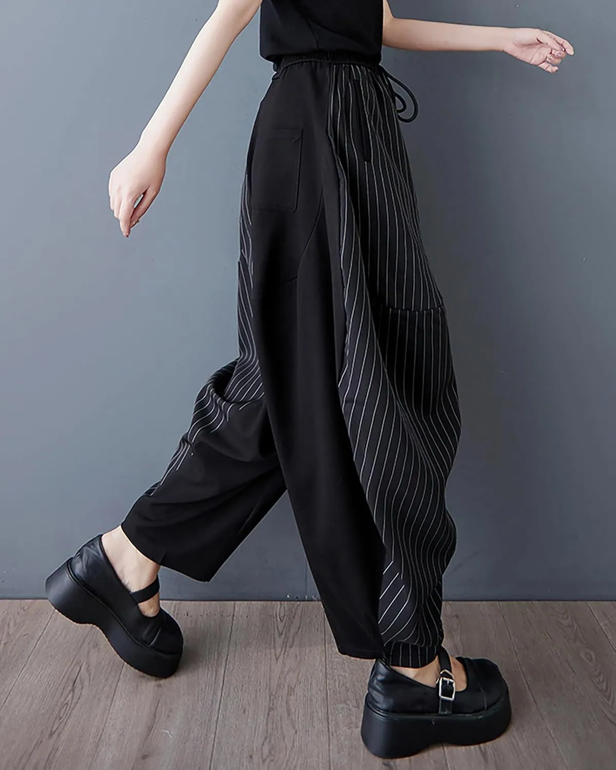 ellazhu Women's Pants Wide Leg Pocket High Waist Harem Pant Patchwork Striped GZ466