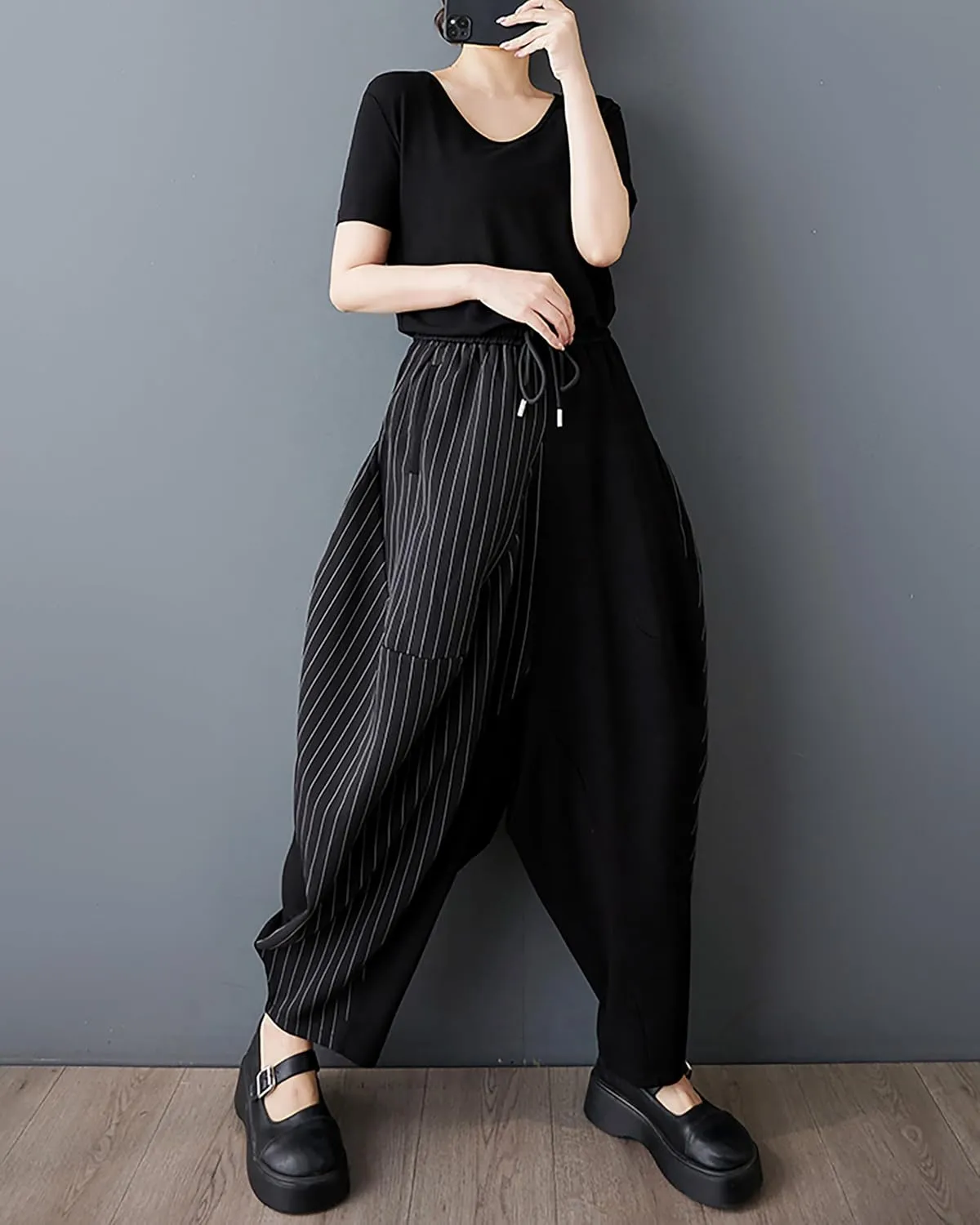 ellazhu Women's Pants Wide Leg Pocket High Waist Harem Pant Patchwork Striped GZ466