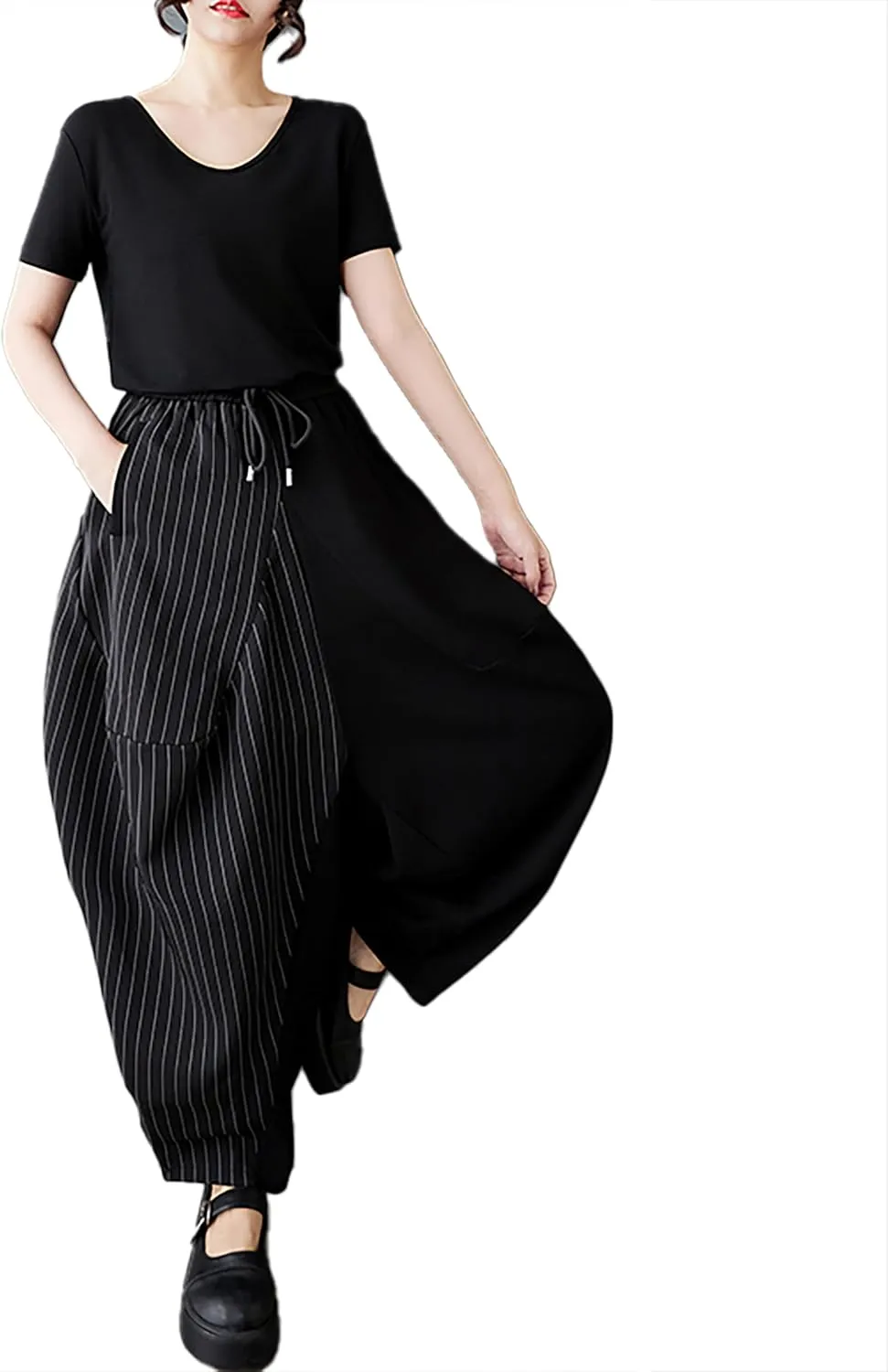 ellazhu Women's Pants Wide Leg Pocket High Waist Harem Pant Patchwork Striped GZ466
