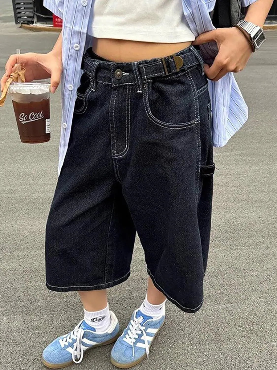 EMMIOL Women Jorts Jean Denim Shorts Mid Waist Baggy Wide Leg Capri Jeans Trendy Y2k Clothes