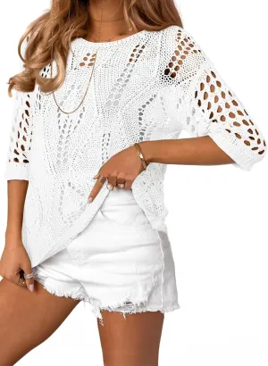 EVALESS Womens Crochet Hollow Out Knit Tops Half Sleeve Spring Summer Sweaters Beach Cover Ups for Women Trendy 2025