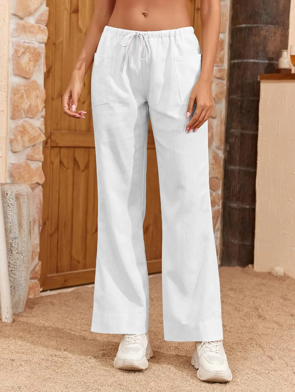 Famulily Womens Linen Pants Summer Wide Leg Casual Loose Drawstring Low Waist Palazzo Pants Lined Trousers with Patch Pockets