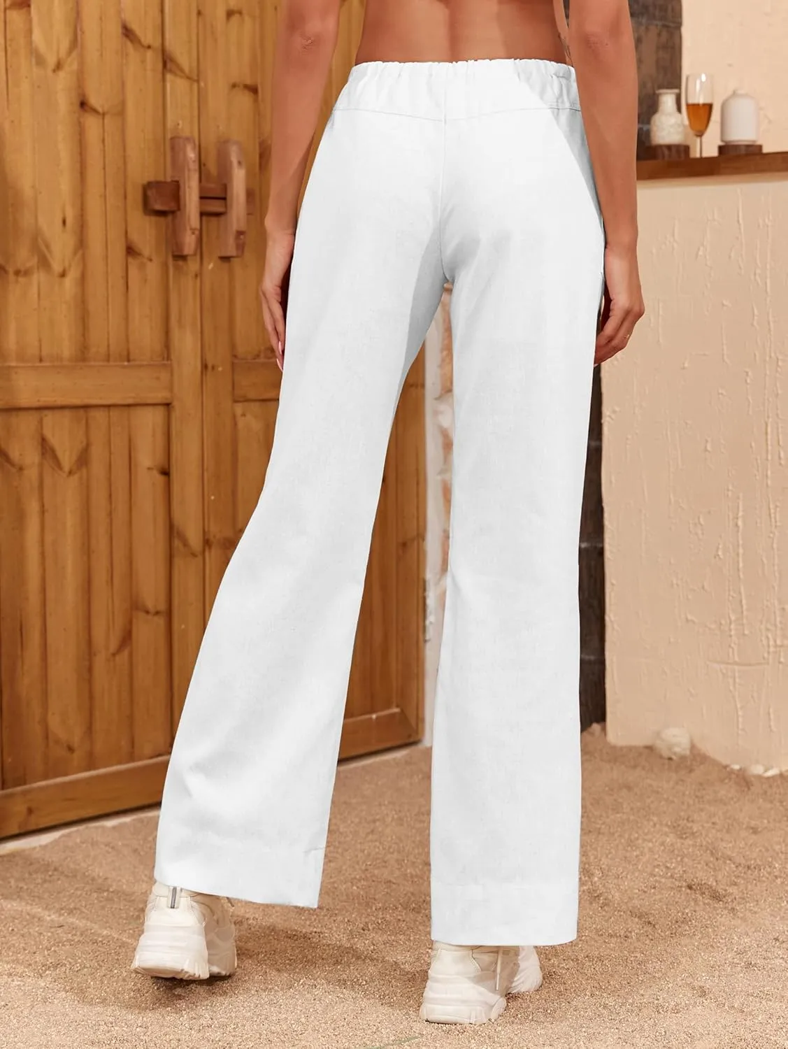 Famulily Womens Linen Pants Summer Wide Leg Casual Loose Drawstring Low Waist Palazzo Pants Lined Trousers with Patch Pockets