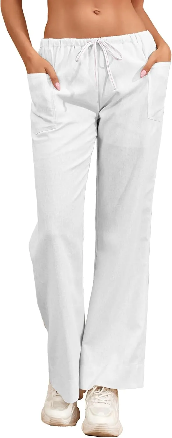 Famulily Womens Linen Pants Summer Wide Leg Casual Loose Drawstring Low Waist Palazzo Pants Lined Trousers with Patch Pockets