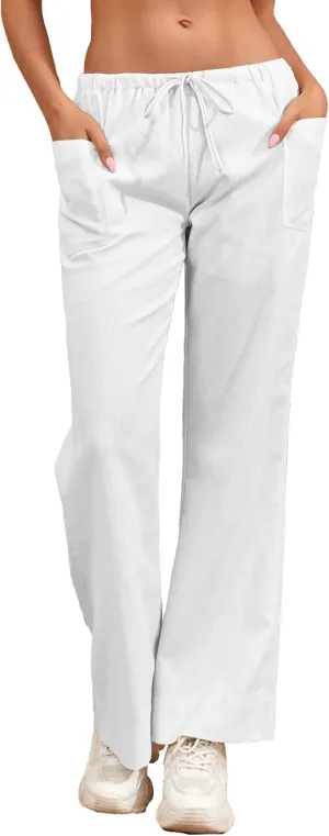 Famulily Womens Linen Pants Summer Wide Leg Casual Loose Drawstring Low Waist Palazzo Pants Lined Trousers with Patch Pockets