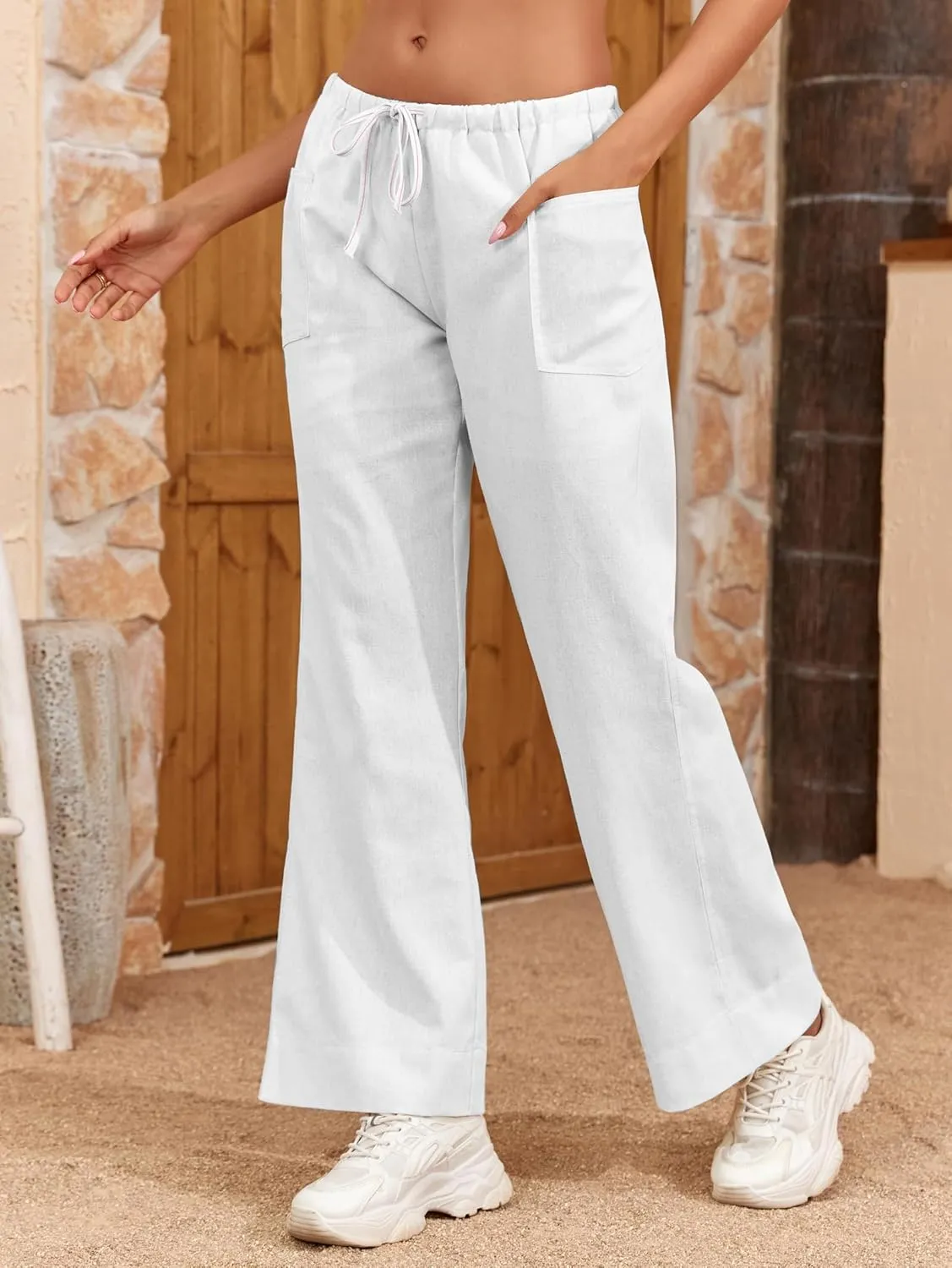 Famulily Womens Linen Pants Summer Wide Leg Casual Loose Drawstring Low Waist Palazzo Pants Lined Trousers with Patch Pockets