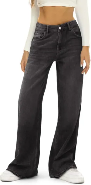 Fanvereka Women Mid-Rise Baggy Jeans Y2K Wide Straight Leg Denim Pants Loose Streetwear Denim Trousers with Side Pockets