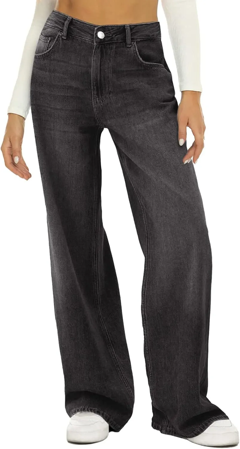 Fanvereka Women Mid-Rise Baggy Jeans Y2K Wide Straight Leg Denim Pants Loose Streetwear Denim Trousers with Side Pockets