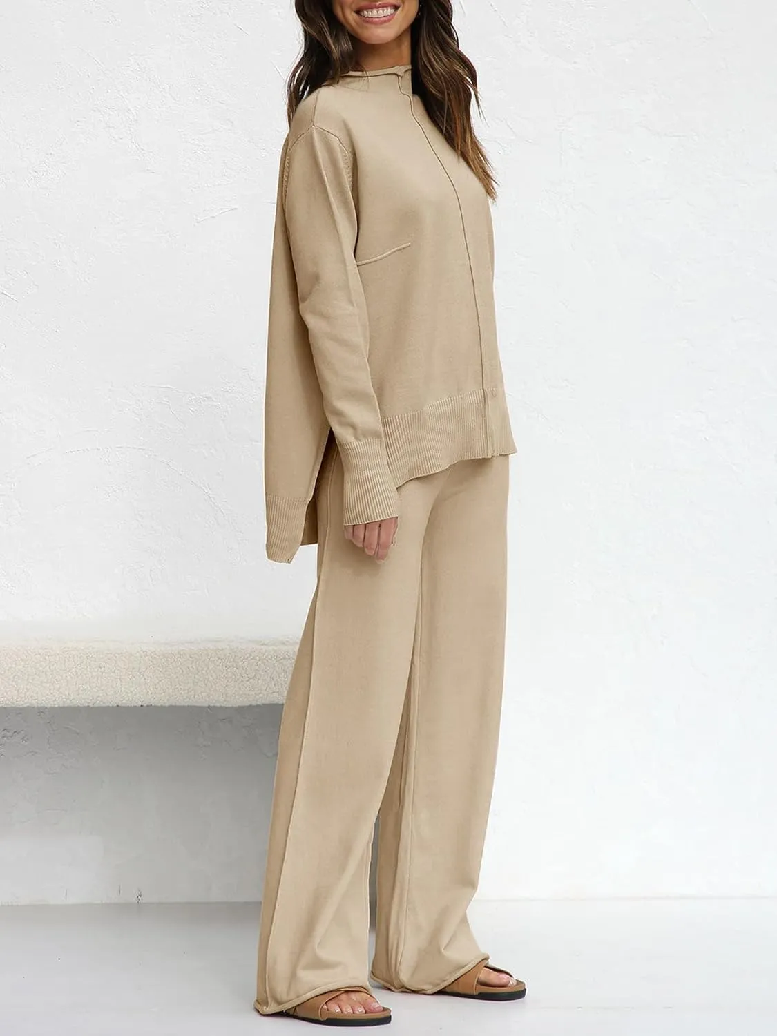 Fazortev Women's 2 Piece Outfits Long Sleeve Tops and Wide Leg Pants Knit Sweater Lounge Set