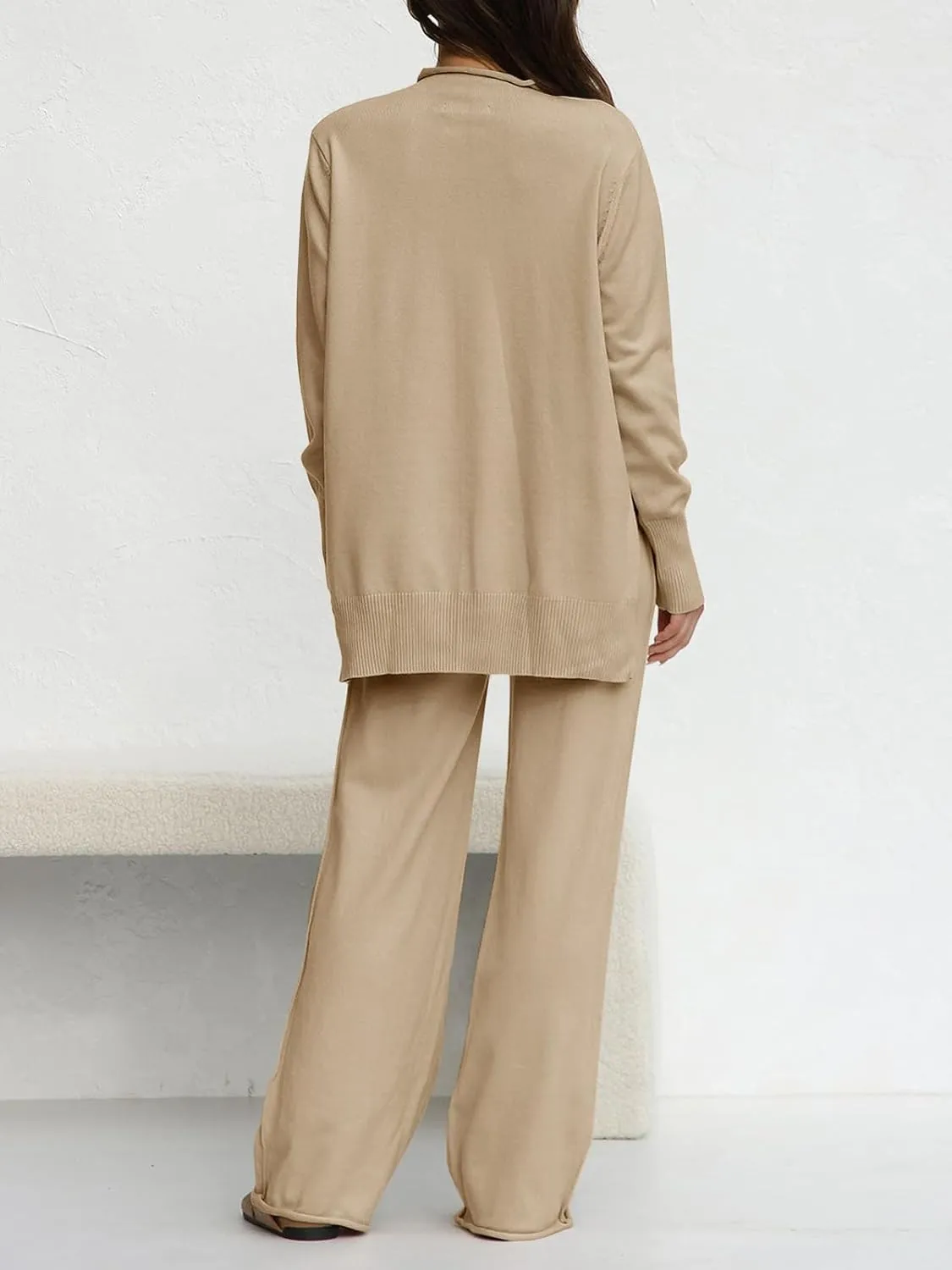 Fazortev Women's 2 Piece Outfits Long Sleeve Tops and Wide Leg Pants Knit Sweater Lounge Set