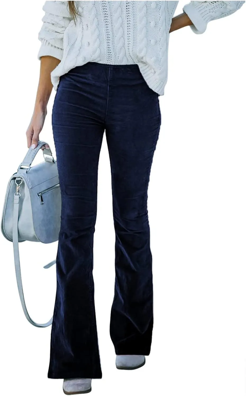 Febecool Cargo Pants Women Solid Color Slim Fit Micro Flared Pants Elastic Waist Casual Pants Corduroy