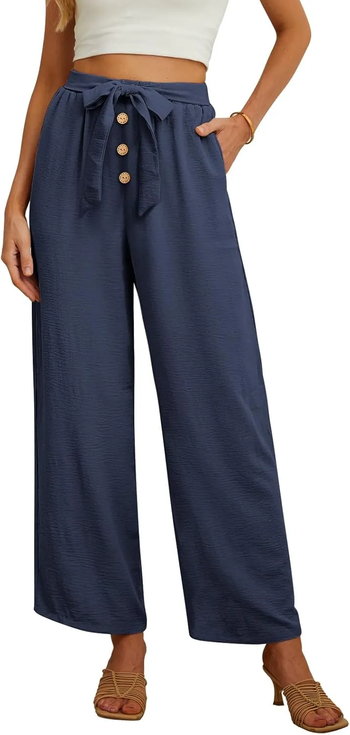 Feiersi Women's Wide Leg Lounge Pants High Waist Button Palazzo Pants Lightweight Tie Knot Loose Trousers
