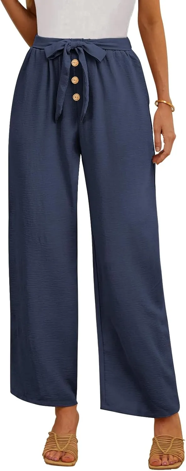 Feiersi Women's Wide Leg Lounge Pants High Waist Button Palazzo Pants Lightweight Tie Knot Loose Trousers