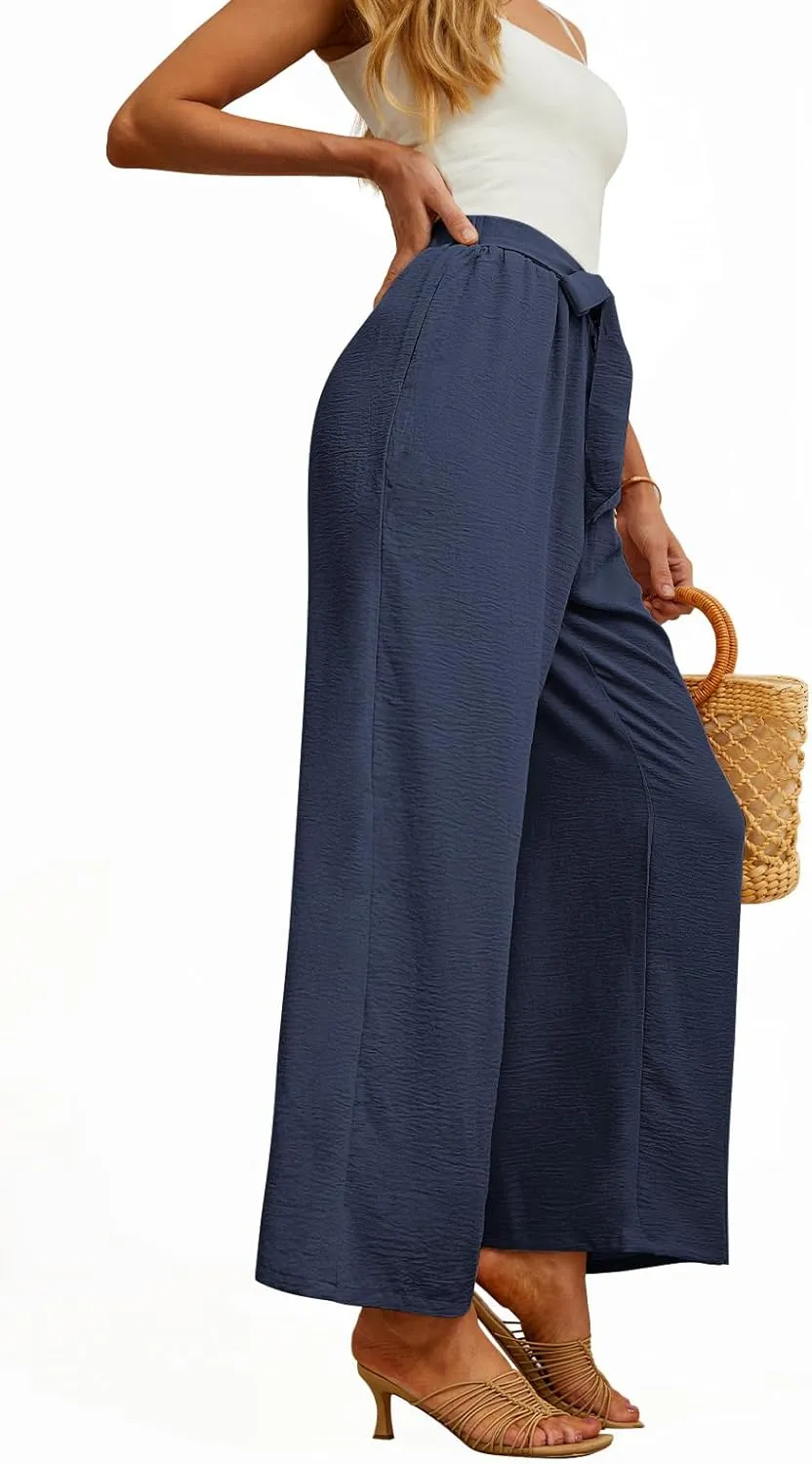 Feiersi Women's Wide Leg Lounge Pants High Waist Button Palazzo Pants Lightweight Tie Knot Loose Trousers