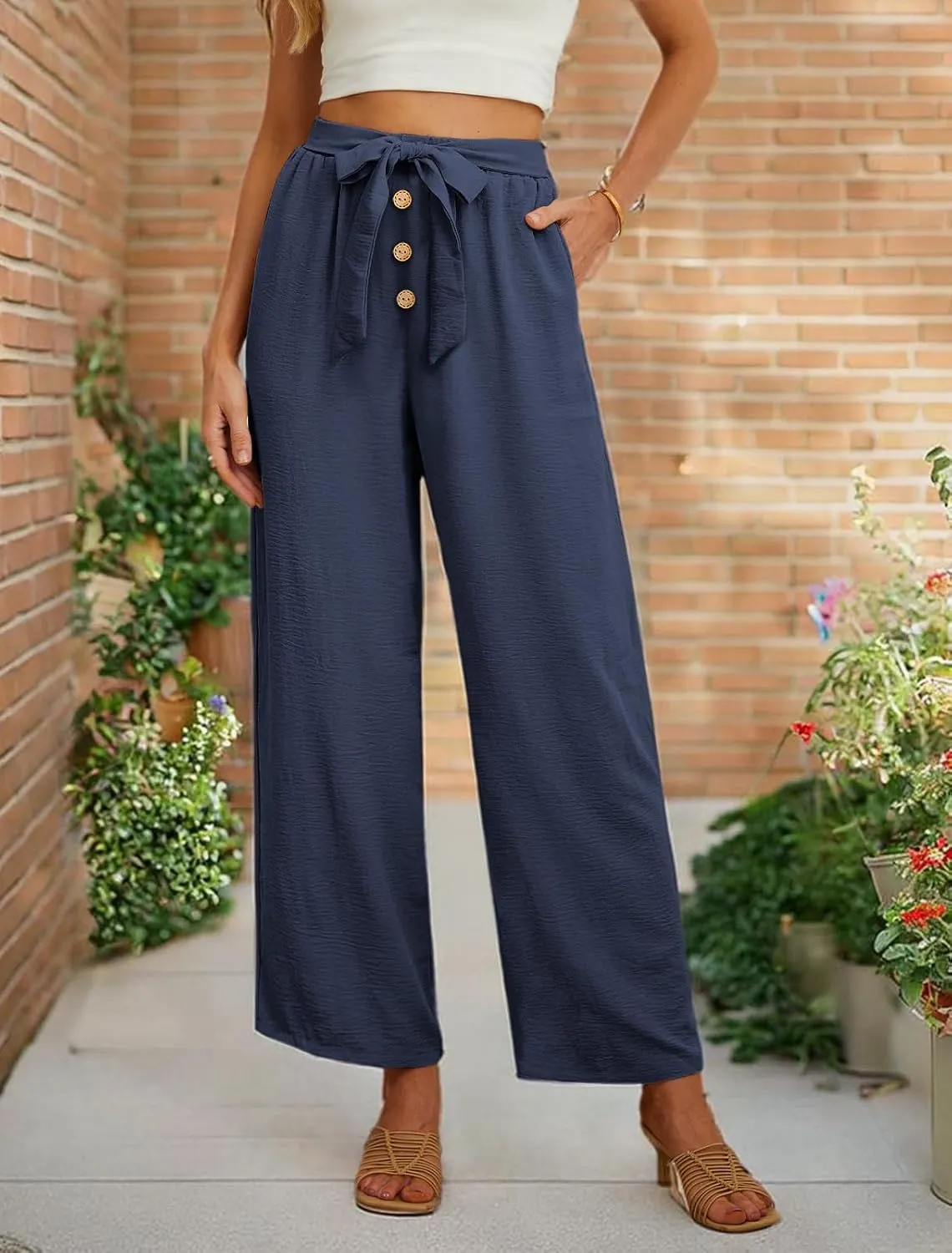Feiersi Women's Wide Leg Lounge Pants High Waist Button Palazzo Pants Lightweight Tie Knot Loose Trousers