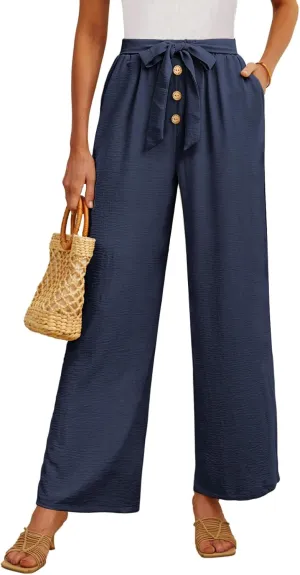 Feiersi Women's Wide Leg Lounge Pants High Waist Button Palazzo Pants Lightweight Tie Knot Loose Trousers