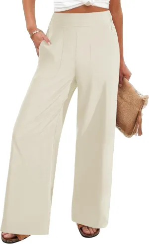 FireSwan Women's Wide Leg Work Pants High Elastic Waist Dress Palazzo Pants Trousers with Zipper Pockets (Khaki L)
