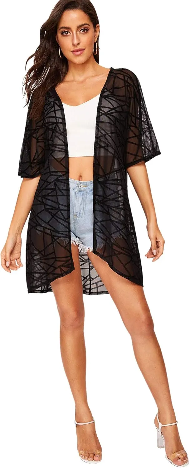 Floerns Women's Half Sleeve Open Front Geo Print Sheer Cardigan Kimono Coverup
