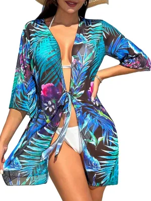 Floerns Women's Half Sleeve Open Front Geo Print Sheer Cardigan Kimono Coverup