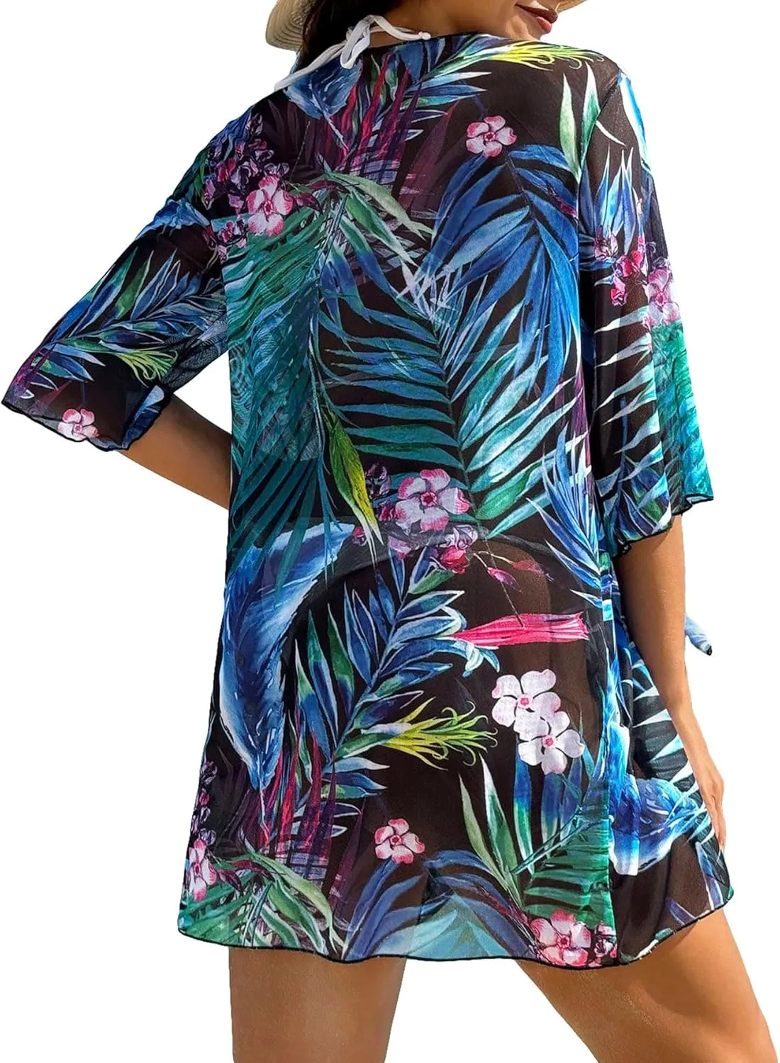 Floerns Women's Half Sleeve Open Front Geo Print Sheer Cardigan Kimono Coverup