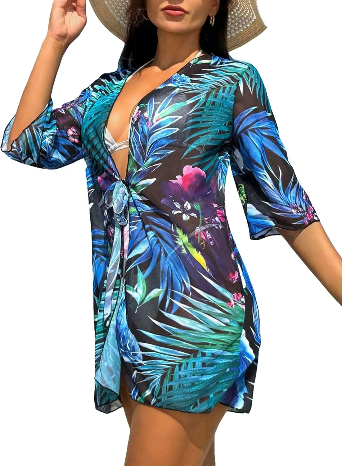 Floerns Women's Half Sleeve Open Front Geo Print Sheer Cardigan Kimono Coverup
