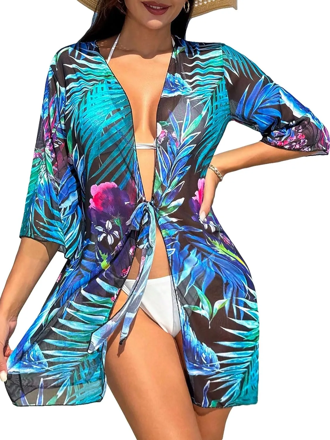 Floerns Women's Half Sleeve Open Front Geo Print Sheer Cardigan Kimono Coverup