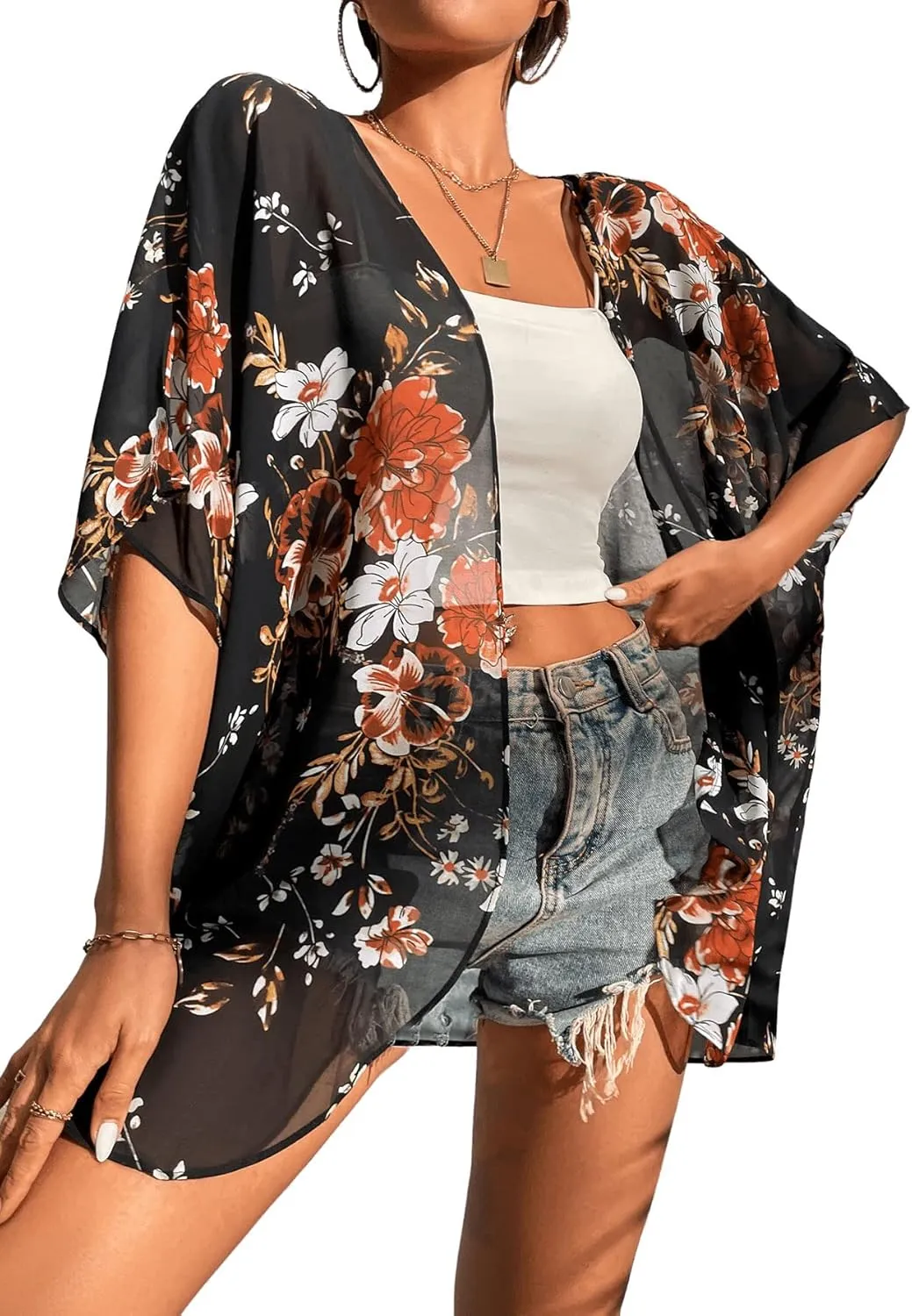 Floerns Women's Half Sleeve Open Front Geo Print Sheer Cardigan Kimono Coverup