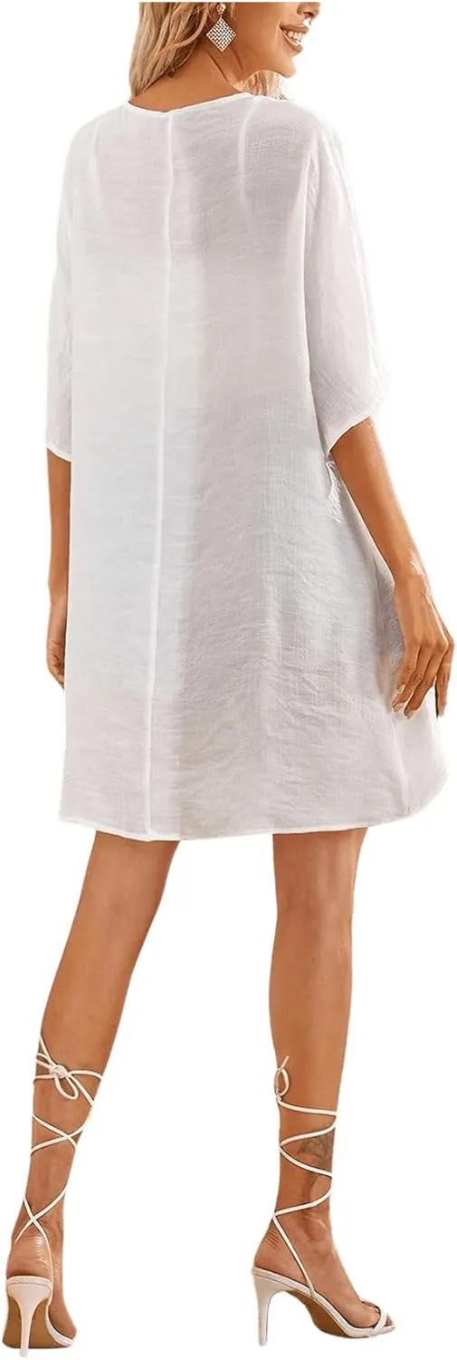 Floerns Women's Half Sleeve Open Front Geo Print Sheer Cardigan Kimono Coverup