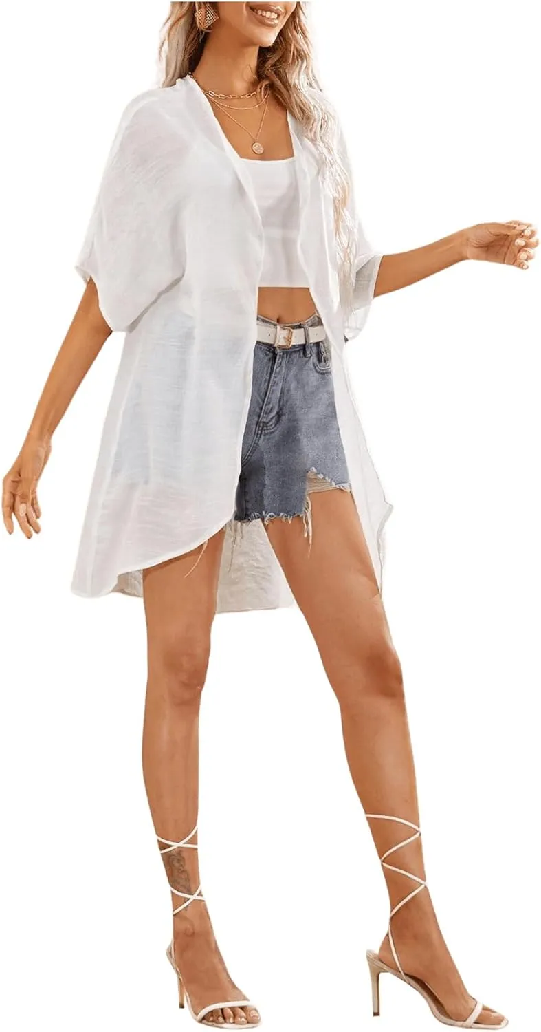 Floerns Women's Half Sleeve Open Front Geo Print Sheer Cardigan Kimono Coverup