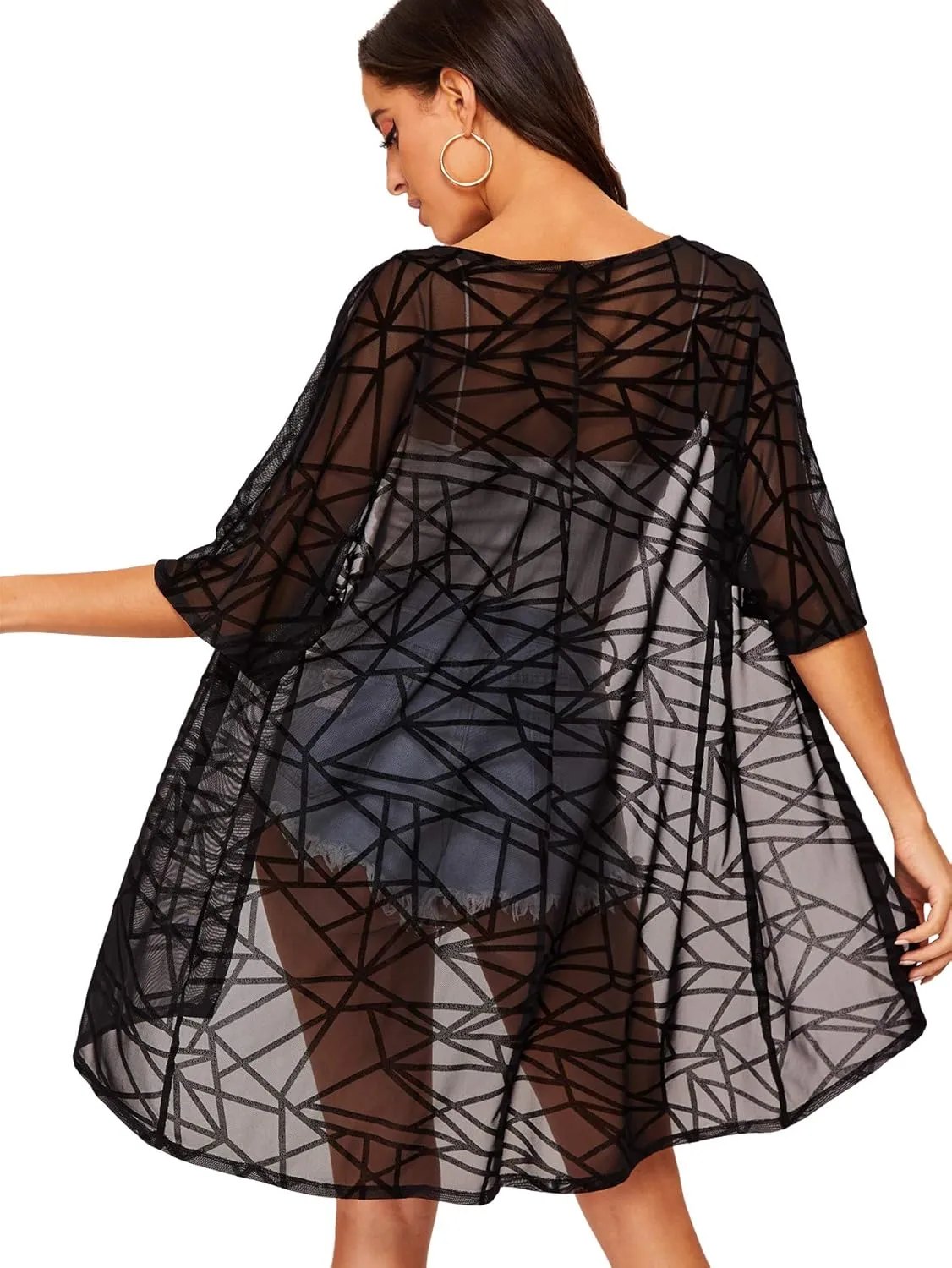 Floerns Women's Half Sleeve Open Front Geo Print Sheer Cardigan Kimono Coverup