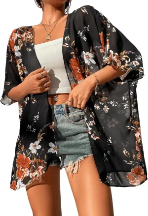 Floerns Women's Half Sleeve Open Front Geo Print Sheer Cardigan Kimono Coverup