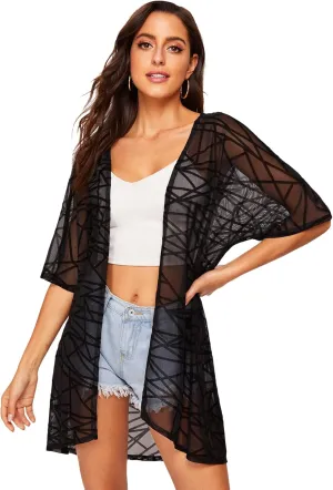 Floerns Women's Half Sleeve Open Front Geo Print Sheer Cardigan Kimono Coverup