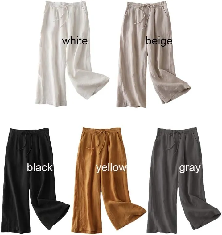 FTCayanz Women's Linen Cropped Wide Leg Pants Elastic Waist Casual Palazzo Trousers with Pockets