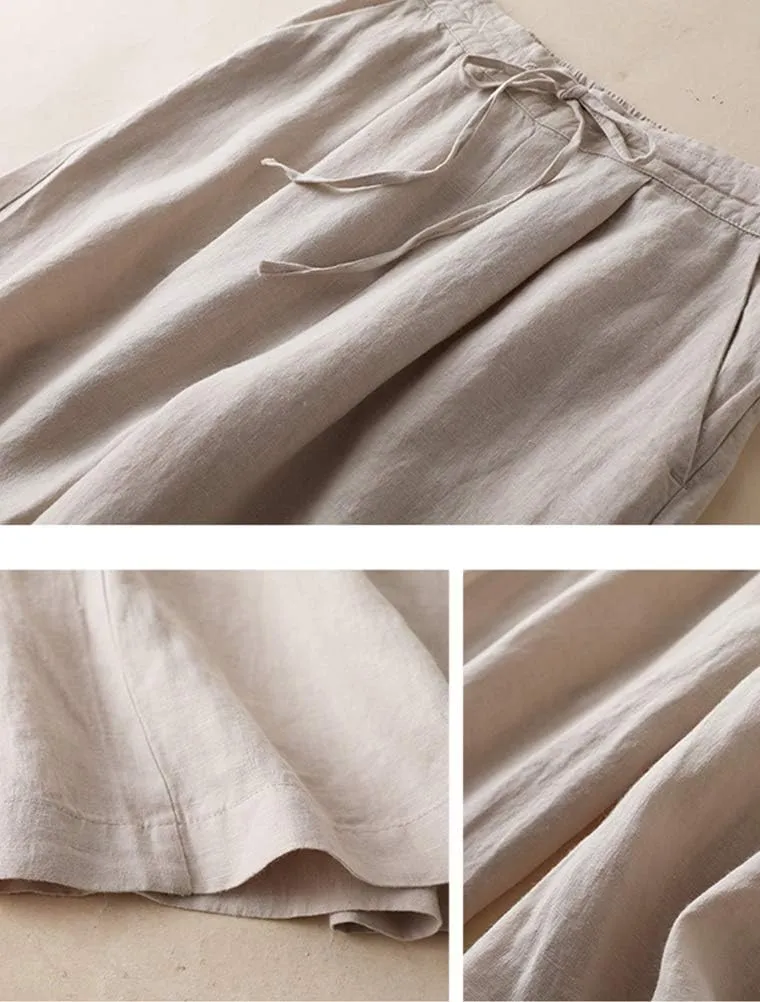 FTCayanz Women's Linen Cropped Wide Leg Pants Elastic Waist Casual Palazzo Trousers with Pockets