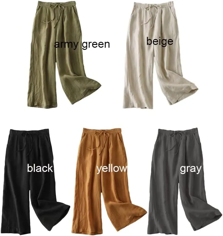 FTCayanz Women's Linen Cropped Wide Leg Pants Elastic Waist Casual Palazzo Trousers with Pockets