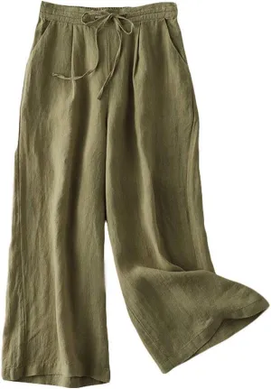 FTCayanz Women's Linen Cropped Wide Leg Pants Elastic Waist Casual Palazzo Trousers with Pockets