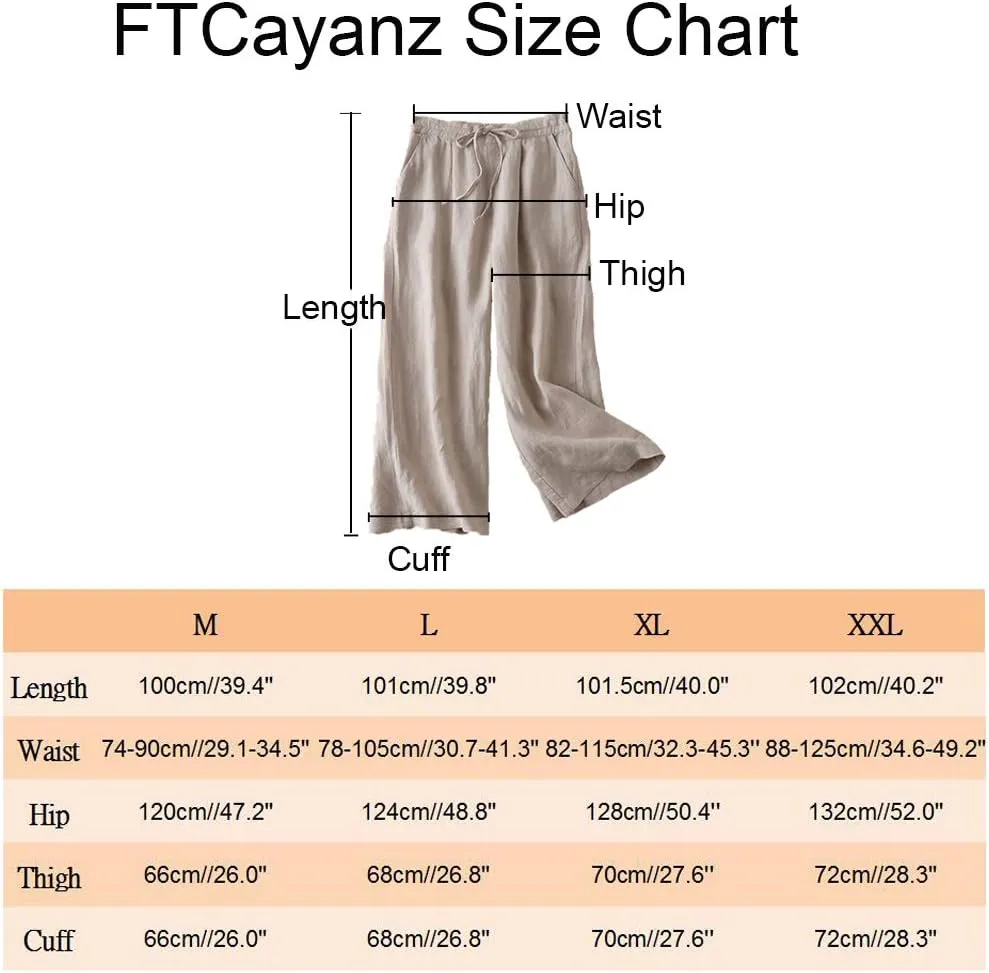 FTCayanz Women's Linen Cropped Wide Leg Pants Elastic Waist Casual Palazzo Trousers with Pockets