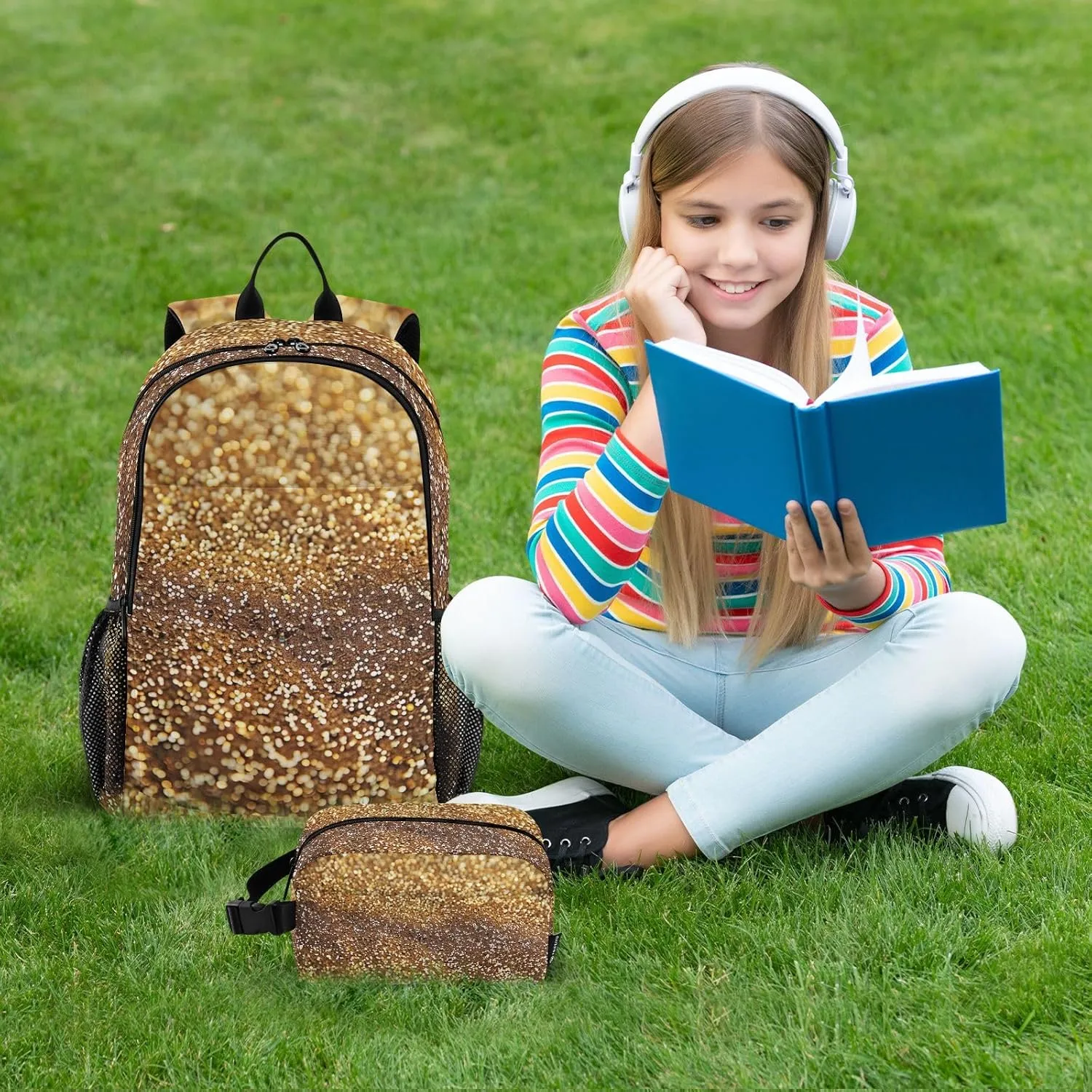 GAIGEO Gold Glitter Lightweight Backpack and Lunch Box Set, School Bookbag, School Bus Backpack, Kids Backpacks