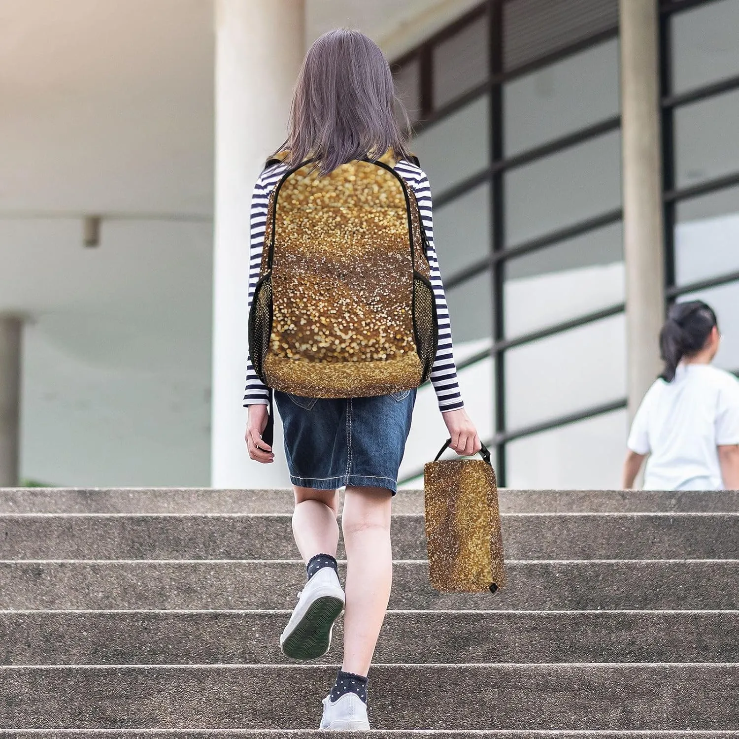 GAIGEO Gold Glitter Lightweight Backpack and Lunch Box Set, School Bookbag, School Bus Backpack, Kids Backpacks