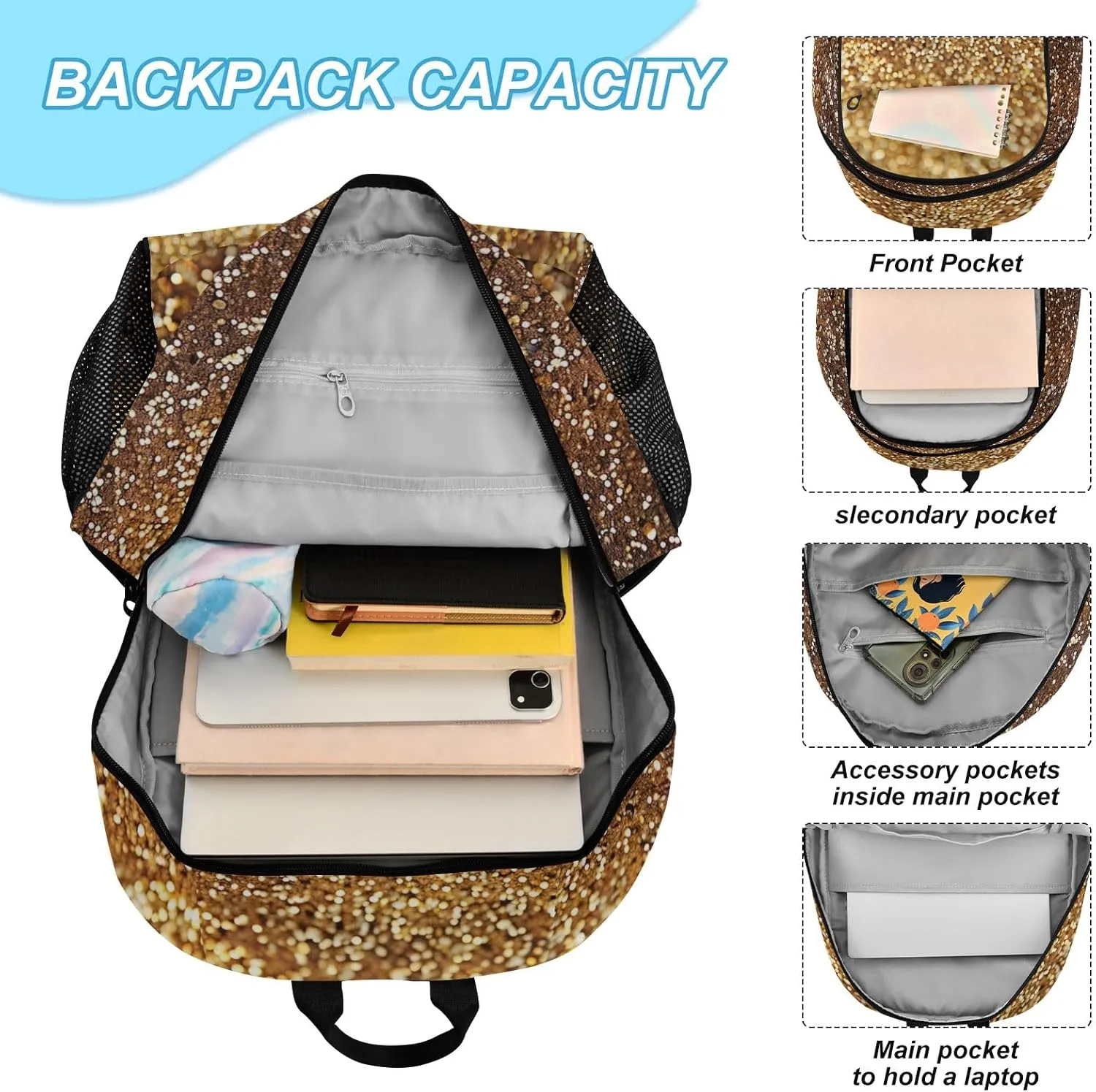 GAIGEO Gold Glitter Lightweight Backpack and Lunch Box Set, School Bookbag, School Bus Backpack, Kids Backpacks