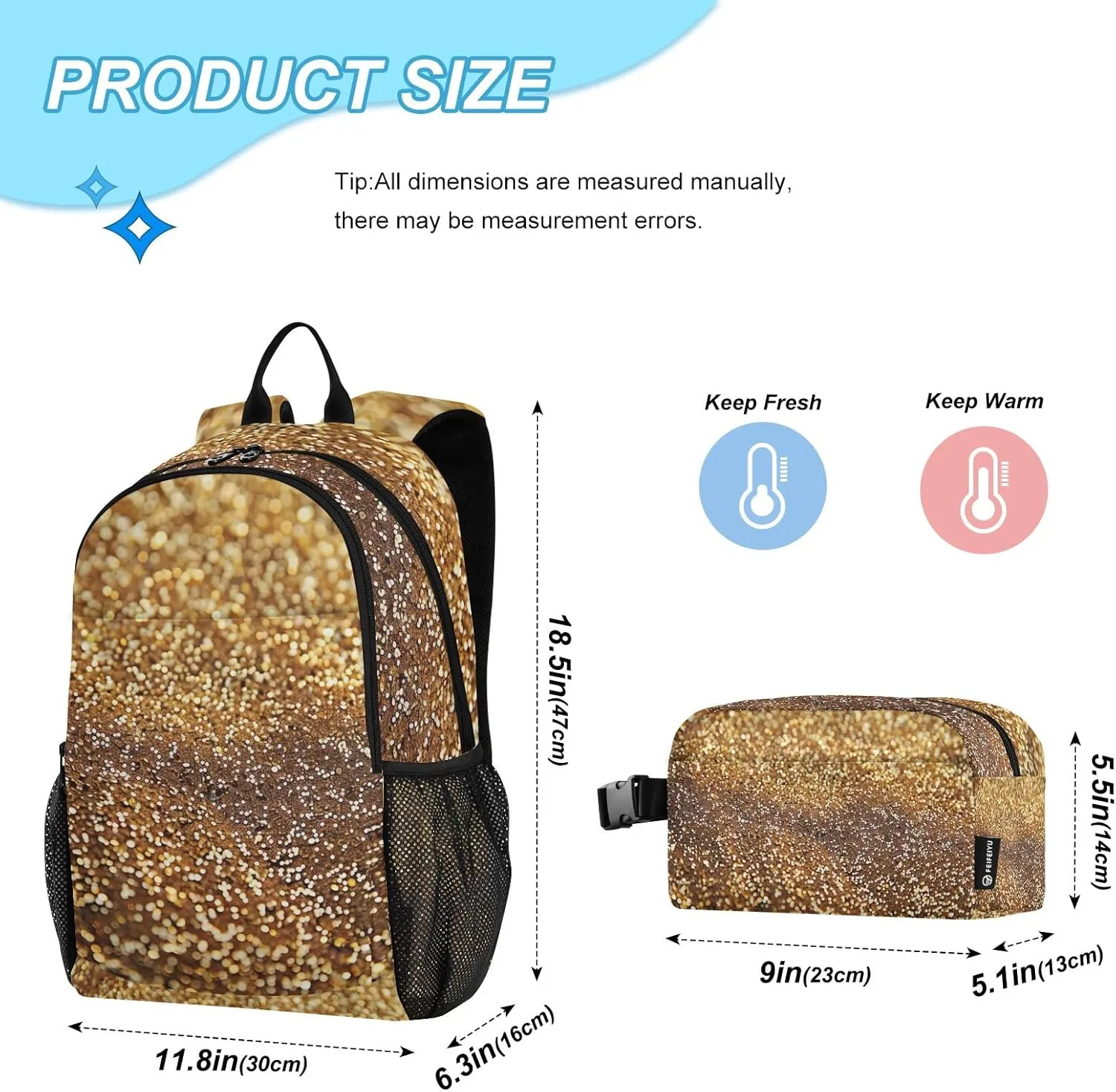 GAIGEO Gold Glitter Lightweight Backpack and Lunch Box Set, School Bookbag, School Bus Backpack, Kids Backpacks