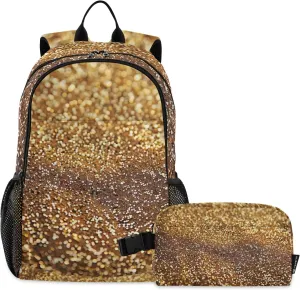 GAIGEO Gold Glitter Lightweight Backpack and Lunch Box Set, School Bookbag, School Bus Backpack, Kids Backpacks