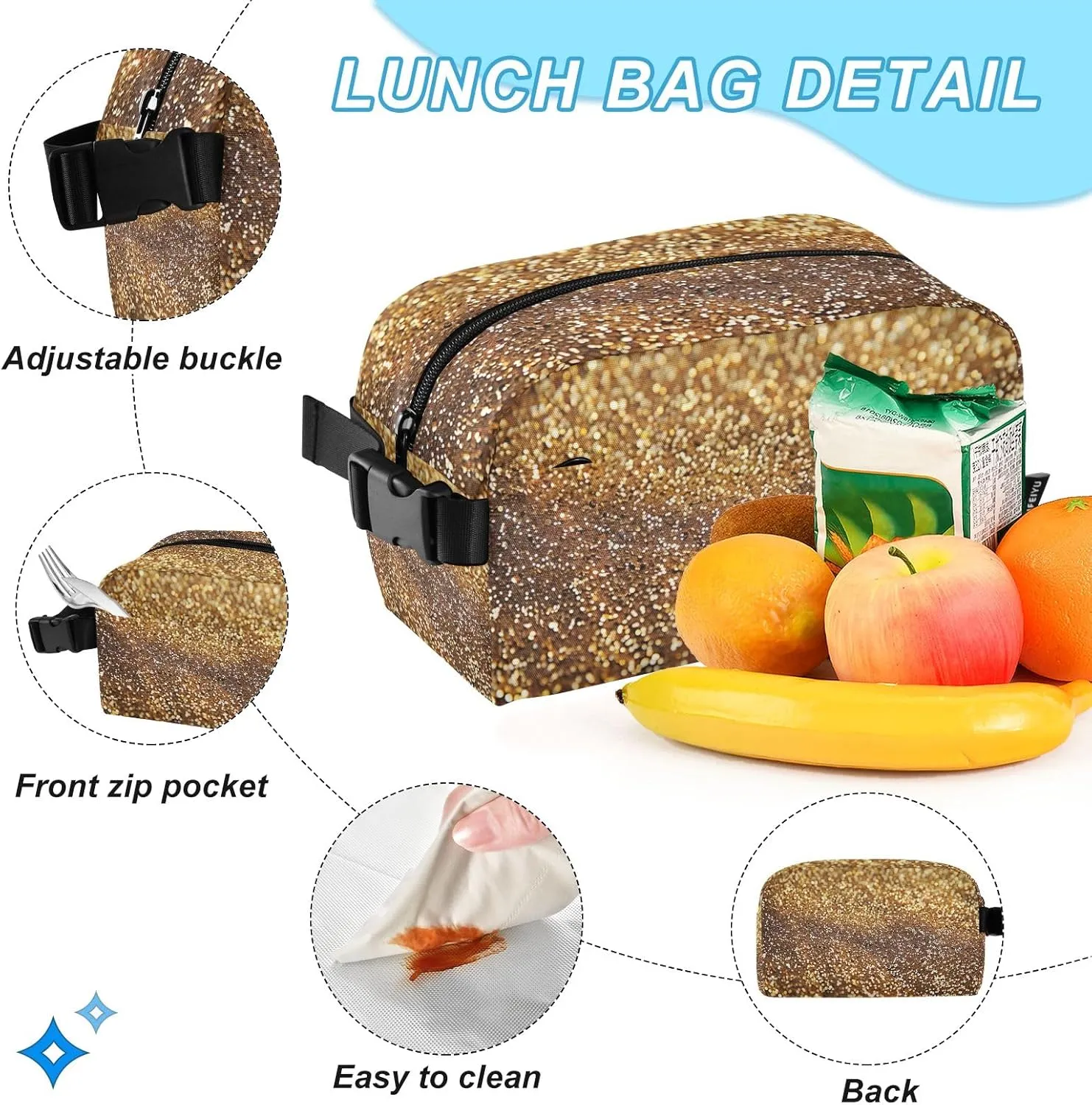 GAIGEO Gold Glitter Lightweight Backpack and Lunch Box Set, School Bookbag, School Bus Backpack, Kids Backpacks