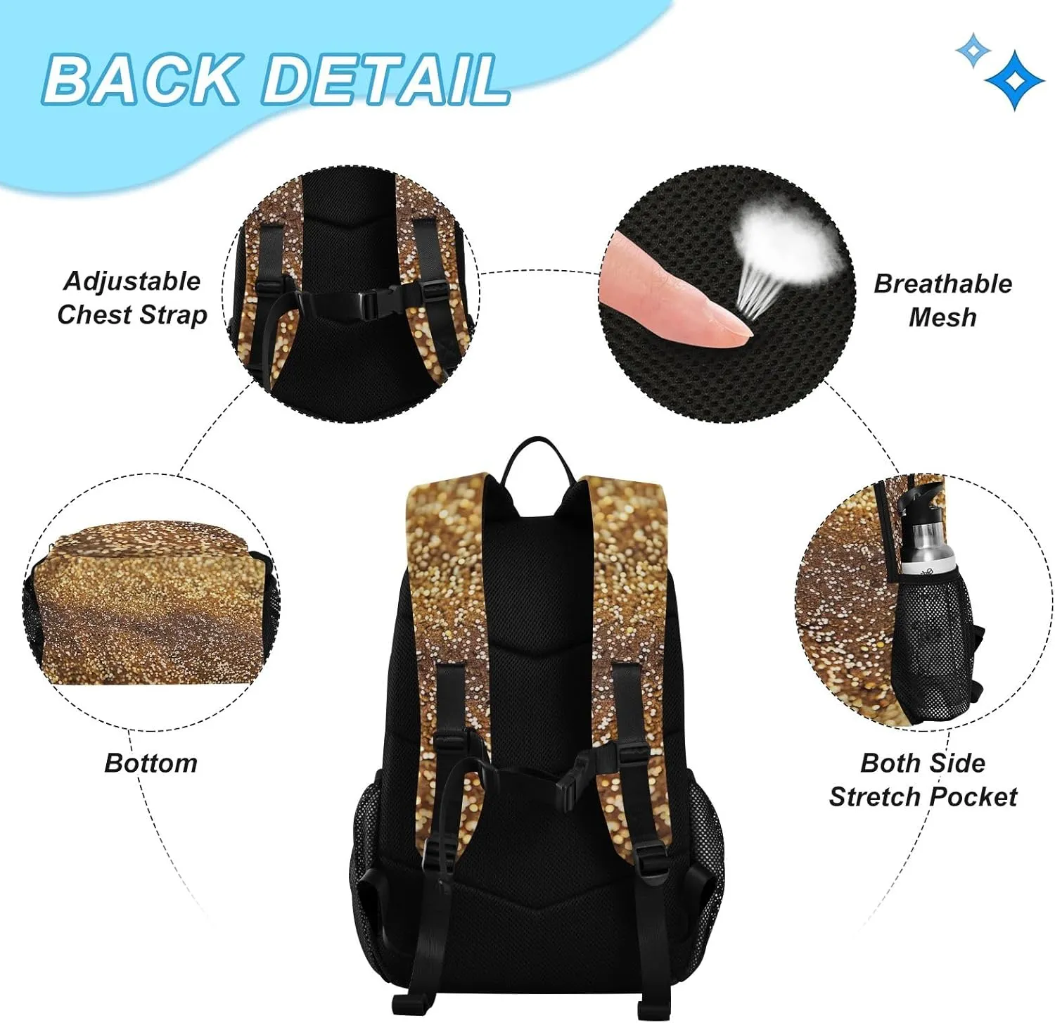 GAIGEO Gold Glitter Lightweight Backpack and Lunch Box Set, School Bookbag, School Bus Backpack, Kids Backpacks