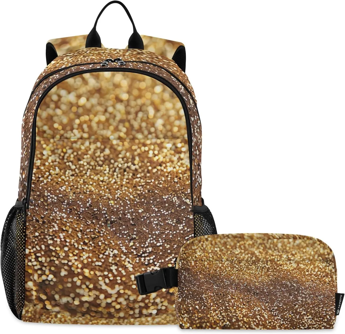 GAIGEO Gold Glitter Lightweight Backpack and Lunch Box Set, School Bookbag, School Bus Backpack, Kids Backpacks