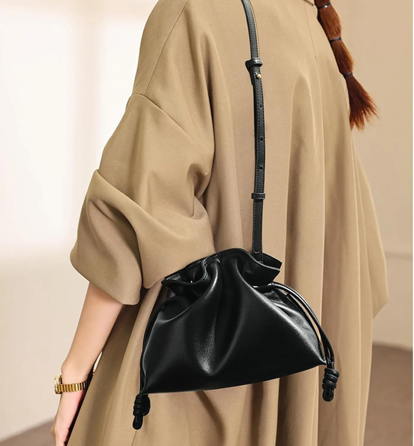 Genuine leather shoulder bag for women,fashion cloud purse,drawstring bucket crossbody-bag,handbag