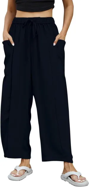 Honwenle Women's Wide Leg Pants Loose Drawstring Palazzo Pants Summer Casual Flowy Beach Trousers with Cargo Pockets