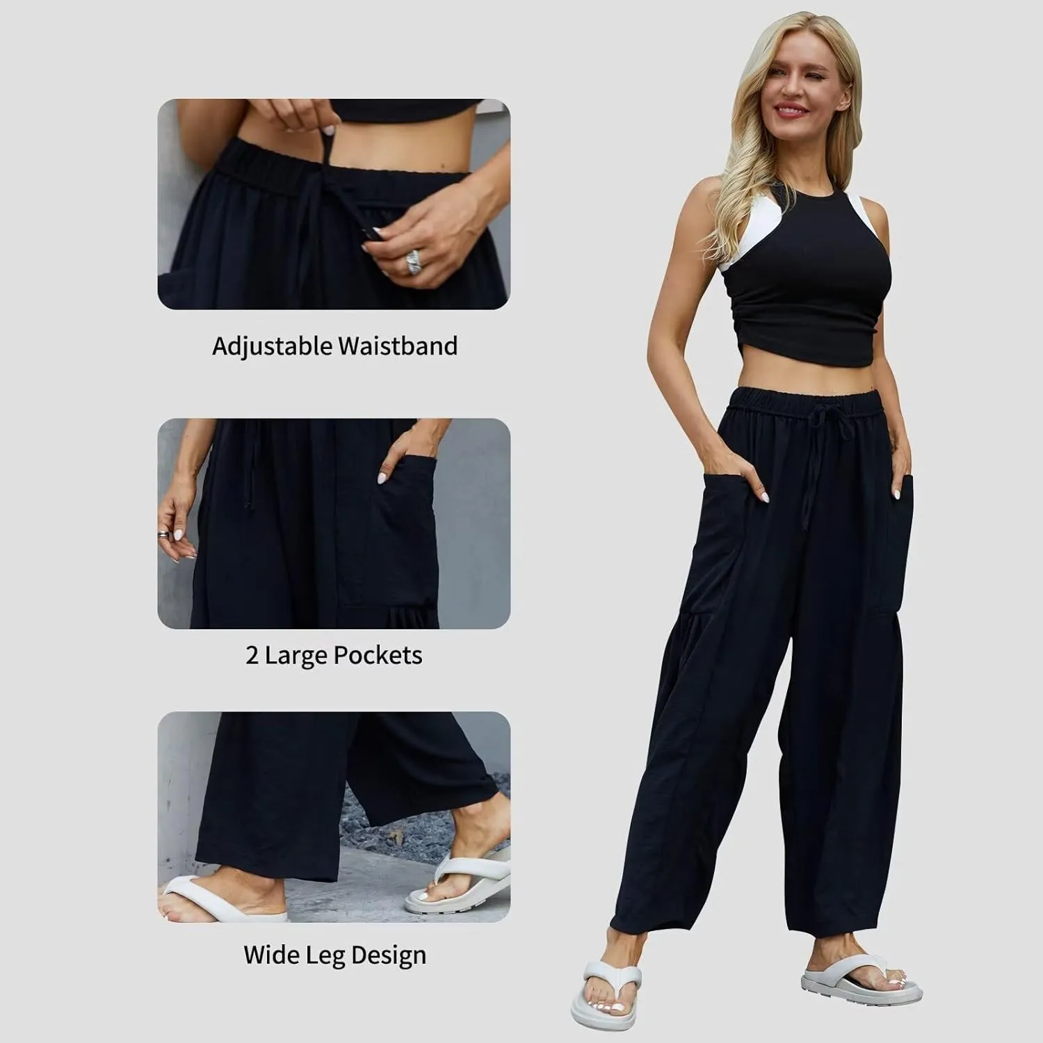 Honwenle Women's Wide Leg Pants Loose Drawstring Palazzo Pants Summer Casual Flowy Beach Trousers with Cargo Pockets