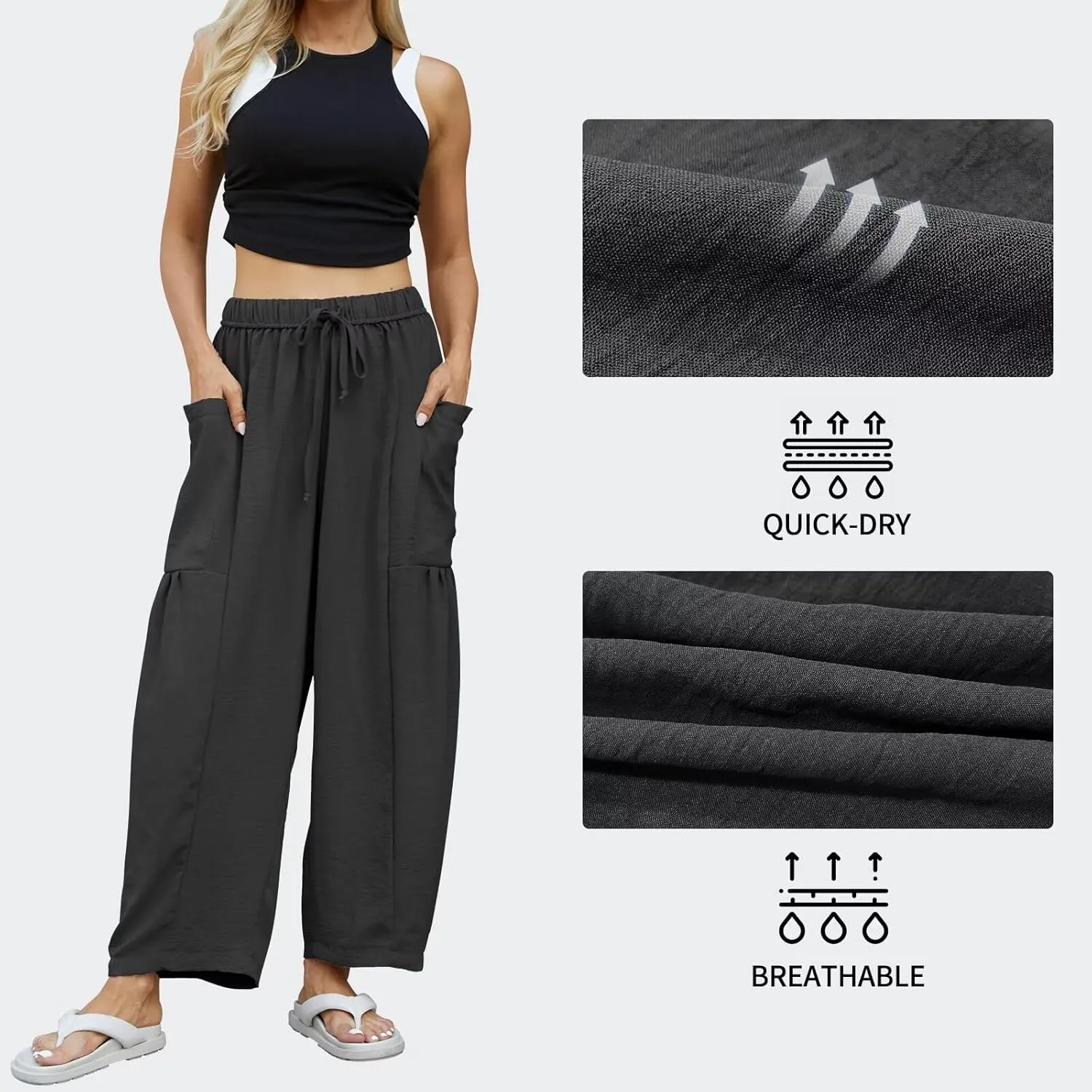 Honwenle Women's Wide Leg Pants Loose Drawstring Palazzo Pants Summer Casual Flowy Beach Trousers with Cargo Pockets
