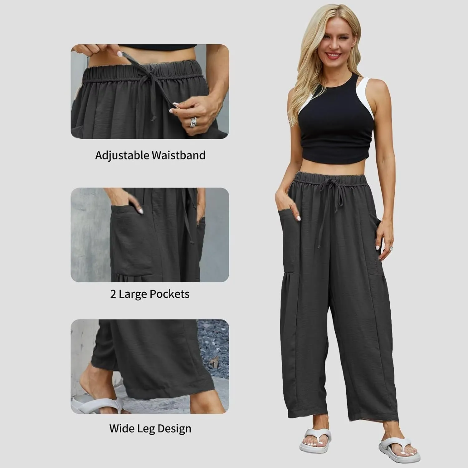 Honwenle Women's Wide Leg Pants Loose Drawstring Palazzo Pants Summer Casual Flowy Beach Trousers with Cargo Pockets